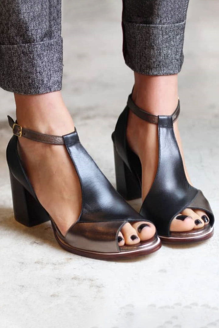 Anyao™ | Elegante højhælede sandaler med åben tå i sort patchwork – perfekte til enhver lejlighed